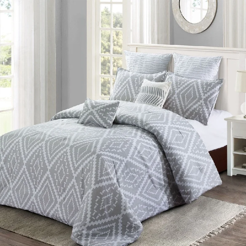 Duck down comforters with a softer feel and good warmth retentionStyle quarters - Ikat Geo 7pc Comforter Set - 100% cotton - Gray Ikat Abstract Geometric Pattern - Machine Washable - King