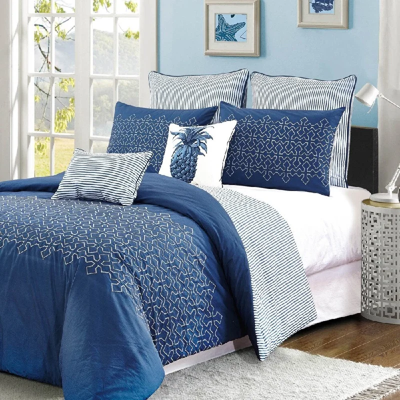 Duck down comforters with a softer feel and good warmth retentionStyle quarters Meadow Lane 7pc 100% Cotton Blue and White Geometric Embroidered Comforter Set - Machine washable - Queen