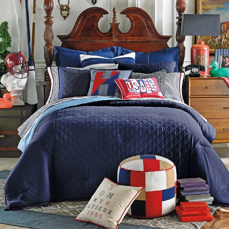 Synthetic - filled comforters like polyester for affordability and hypoallergenic propertiesTommy Hilfiger Prep Solid Midnight Comforter