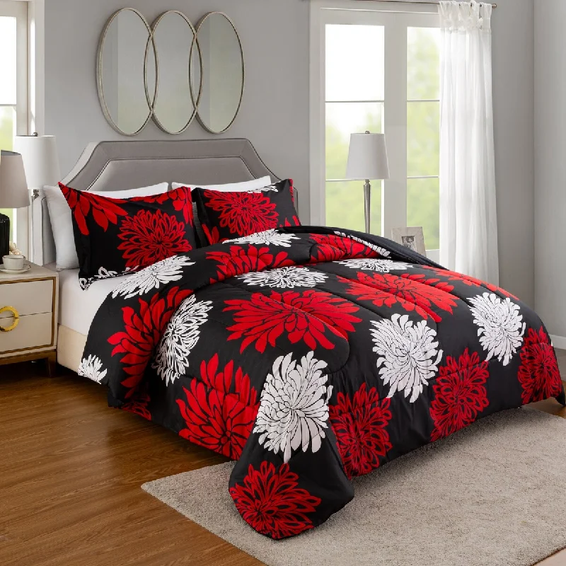 Latex - filled comforters with a bouncy texture and good supportHome Decor Soft Luxury Fluffy Goose Down Alternative Bedding Printed Comforter Set, Modern Red White Floral Black Base