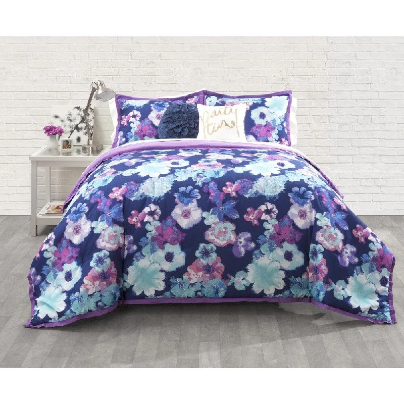 Silk - filled comforters for a luxurious and smooth touchSeventeen Eden Floral Blue/ Purple 3-Piece Comforter Set