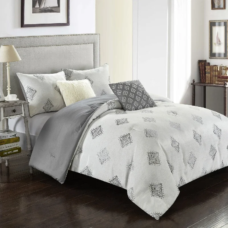 Silk - filled comforters for a luxurious and smooth touchEmbroidered Diamond Shape Comforter Set, Twin XL, White and Grey