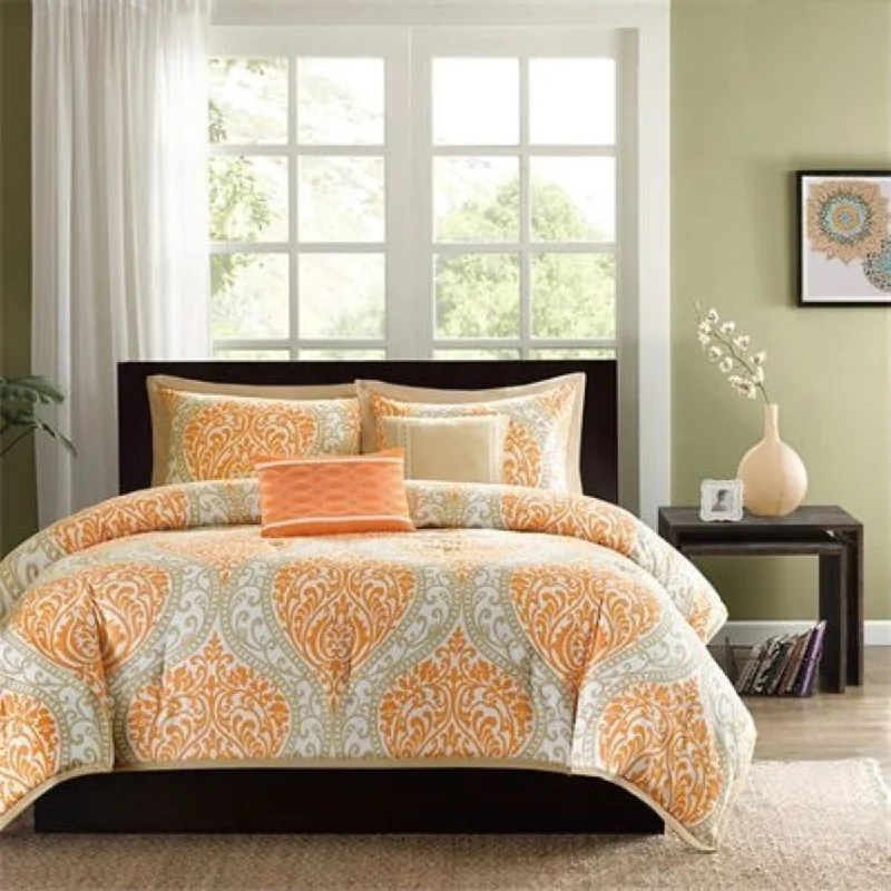 Down - filled comforters for supreme warmth and lightnessDaily Boutik Twin size 4-Piece Orange White Damask Print Comforter Set