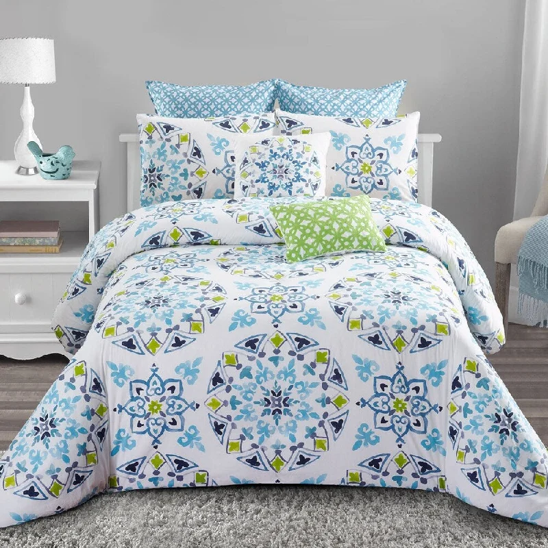 Cotton - filled comforters for a breathable and natural sleep experienceStyle quarters - Cassie 7pc Comforter Set - 100% cotton-Charming Blue and Green Medallion Print - Machine Washable - King