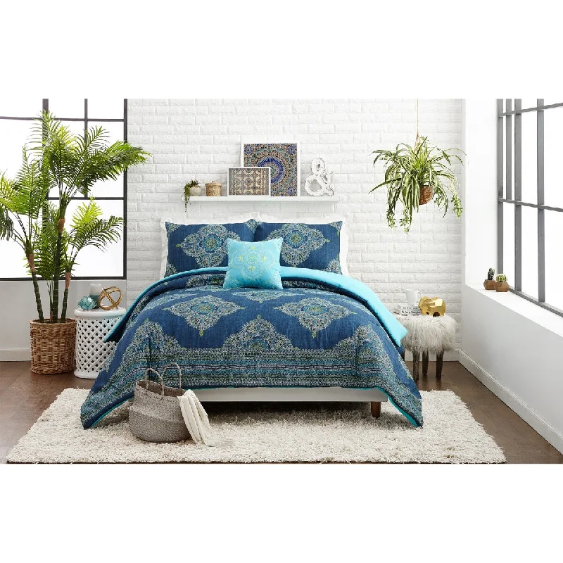 Latex - filled comforters with a bouncy texture and good supportDenim Medallion Comforter Set, 4 Pieces Set