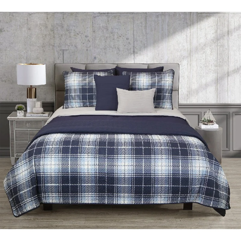 Microfiber - filled comforters that are lightweight and easy to care forRiverbrook Home Blue Plaid 8 Piece 100 Percent Cotton Comforter & Coverlet Set