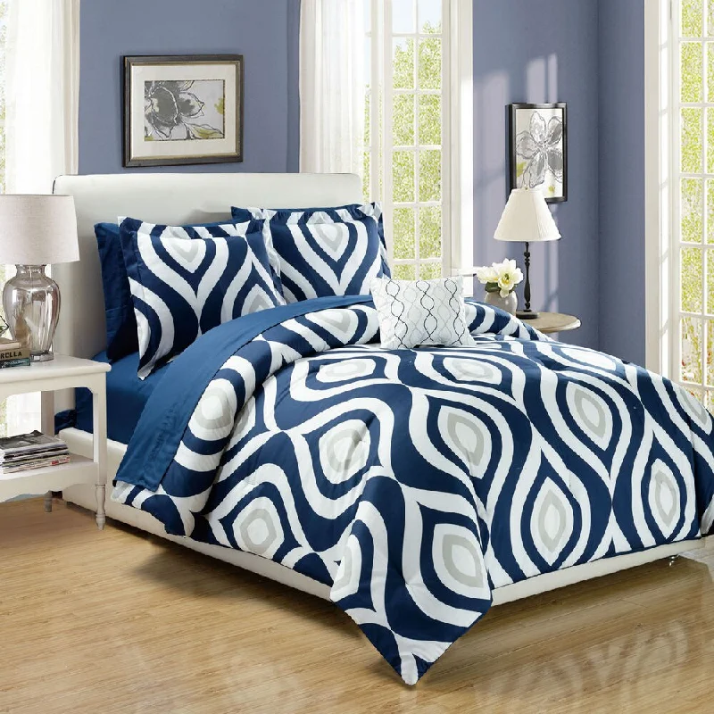 Cotton - filled comforters for a breathable and natural sleep experienceBrooklyn Navy Blue Print 8-Piece Bed in a Bag Set